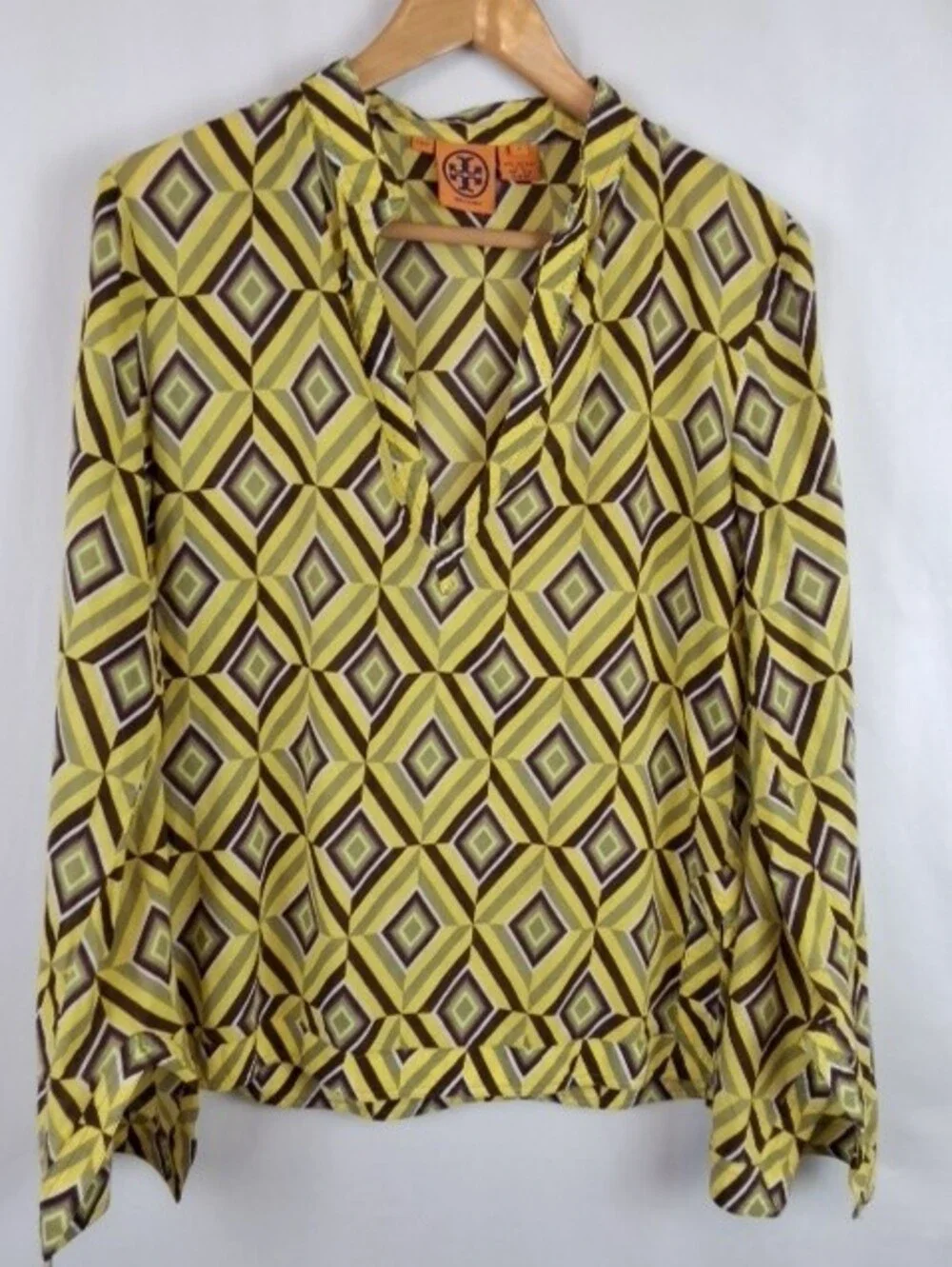 Tory Burch Yellow Geometric V-Neck Blouse